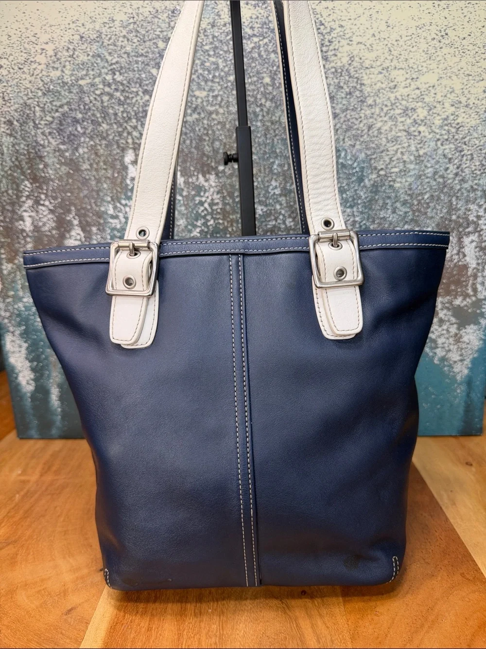 Coach Vintage 2005 Coastal Hampton Leather Tote Navy/White‎ Satchel (VGUC)
